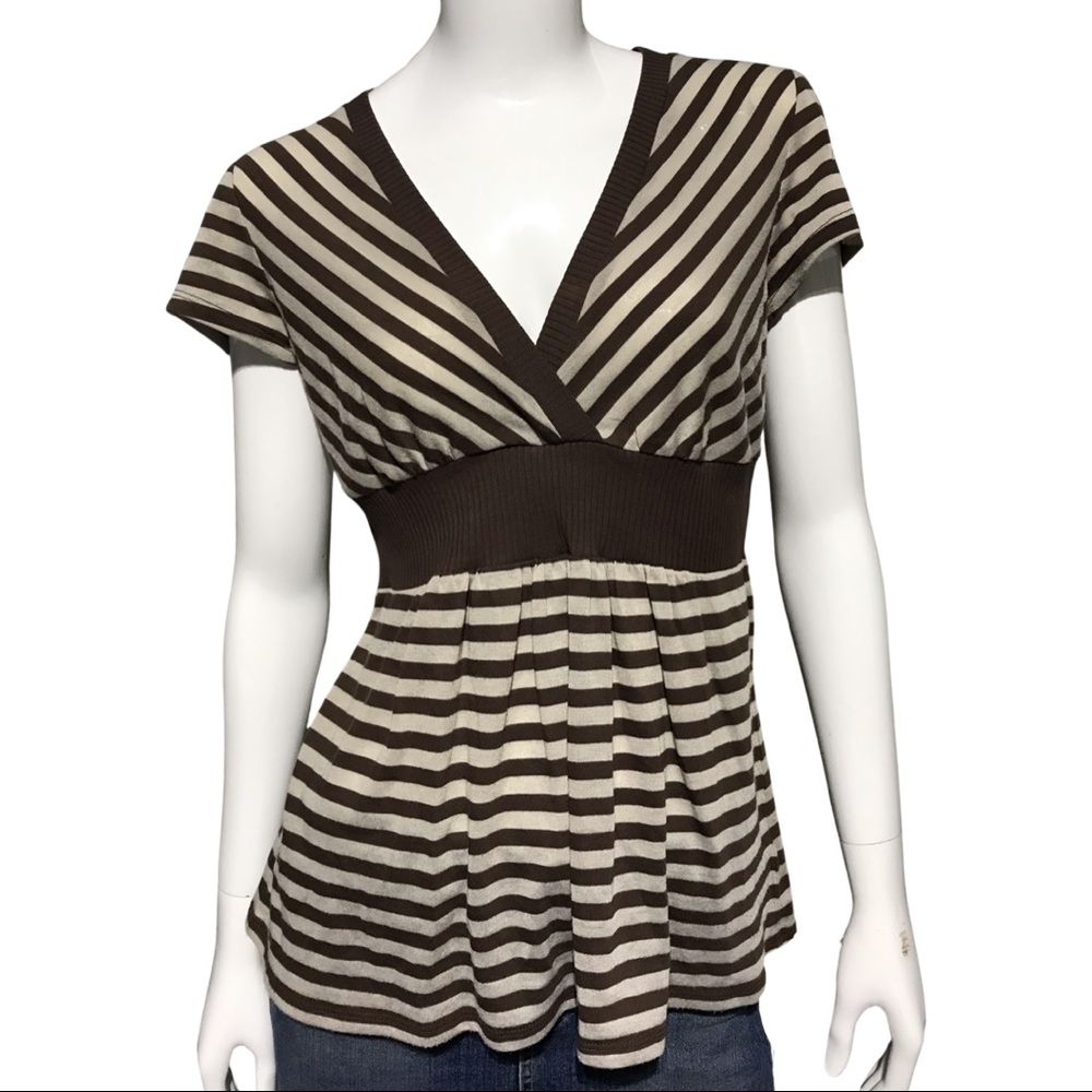 Michael Kors Deep V Neck Babydoll Top with Stripes